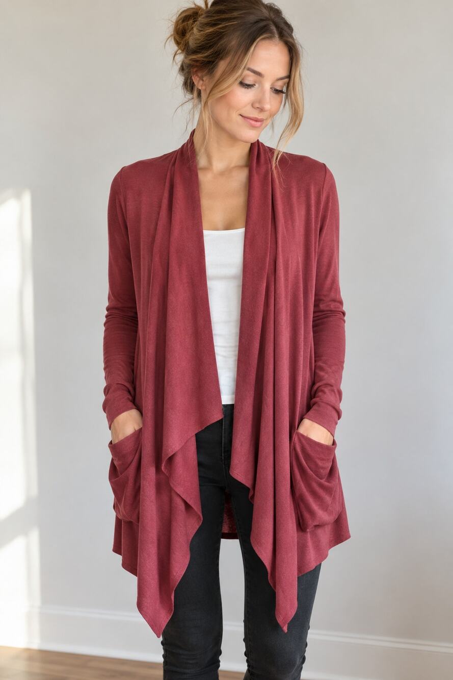 LOGO Lounge Burgundy Waterfall Cardigan XXS Draped Open Front Pocket Tunic